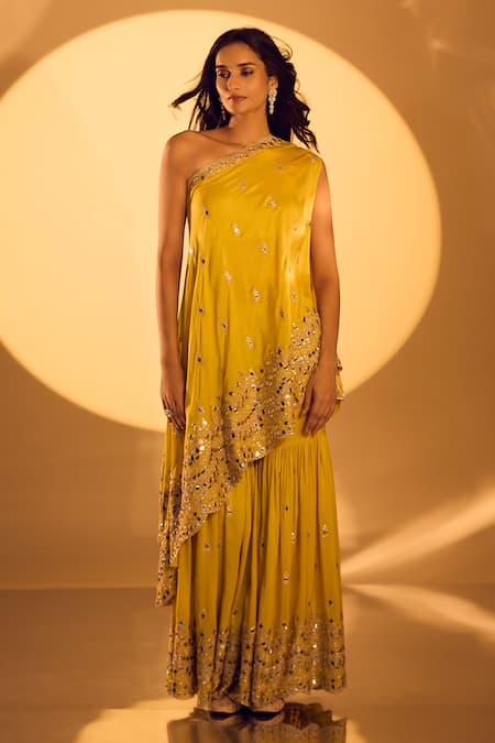 Shop_Gopi Vaid_Yellow Tussar Mirrors, Zari Asymmetric Embroidered Kurta Set _at_Aza_Fashions