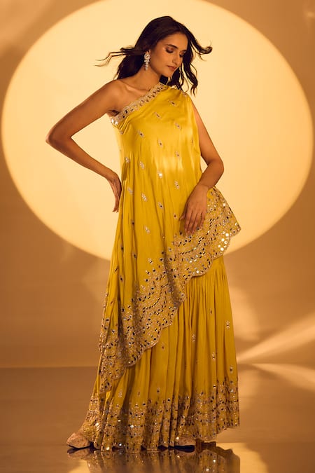 Gopi Vaid_Yellow Tussar Mirrors, Zari Asymmetric Embroidered Kurta Set _Online_at_Aza_Fashions