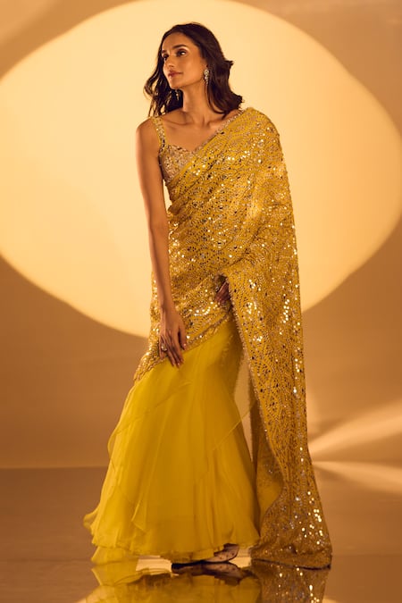 Gopi Vaid Mirror Embroidered Yellow Saree Set 