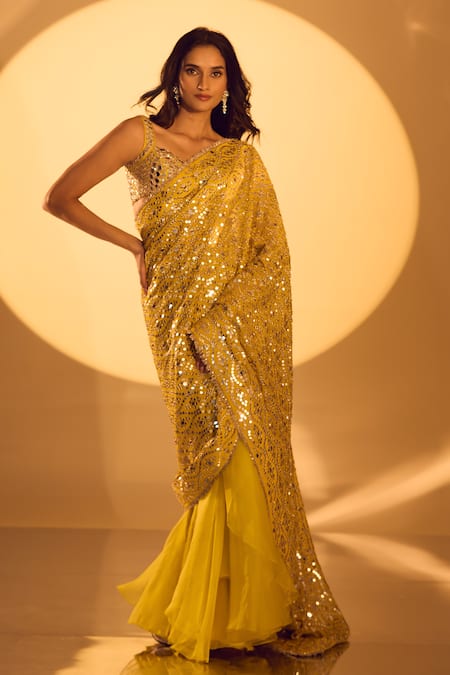 Gopi Vaid_Yellow Tussar, Organza, Chiffon Mirrors, Zari Sweetheart Embroidered Saree Set _Online_at_Aza_Fashions