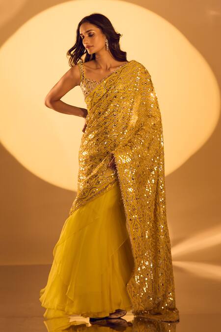 Buy_Gopi Vaid_Yellow Tussar, Organza, Chiffon Mirrors, Zari Sweetheart Embroidered Saree Set _Online_at_Aza_Fashions
