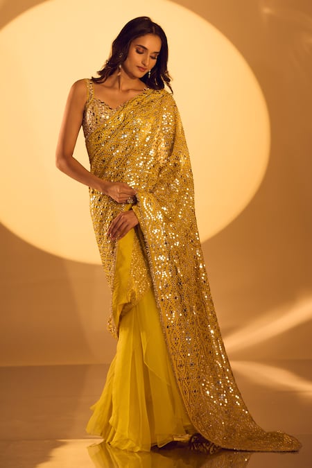 Shop_Gopi Vaid_Yellow Tussar, Organza, Chiffon Mirrors, Zari Sweetheart Embroidered Saree Set _Online_at_Aza_Fashions