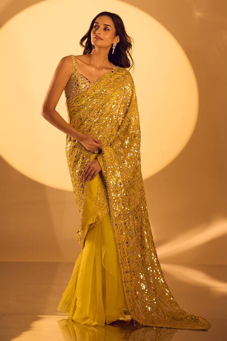 Gopi Vaid_Yellow Tussar, Organza, Chiffon Mirrors, Zari Sweetheart Embroidered Saree Set _at_Aza_Fashions