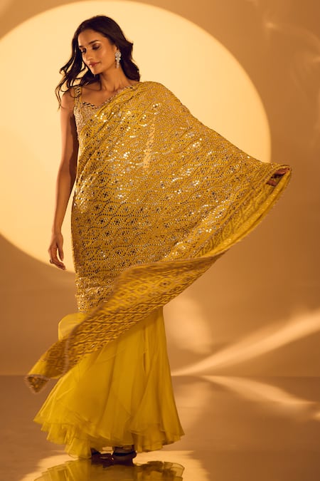 Buy_Gopi Vaid_Yellow Tussar, Organza, Chiffon Mirrors, Zari Sweetheart Embroidered Saree Set 