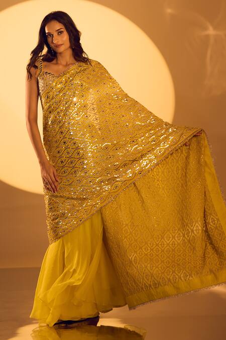 Shop_Gopi Vaid_Yellow Tussar, Organza, Chiffon Mirrors, Zari Sweetheart Embroidered Saree Set 