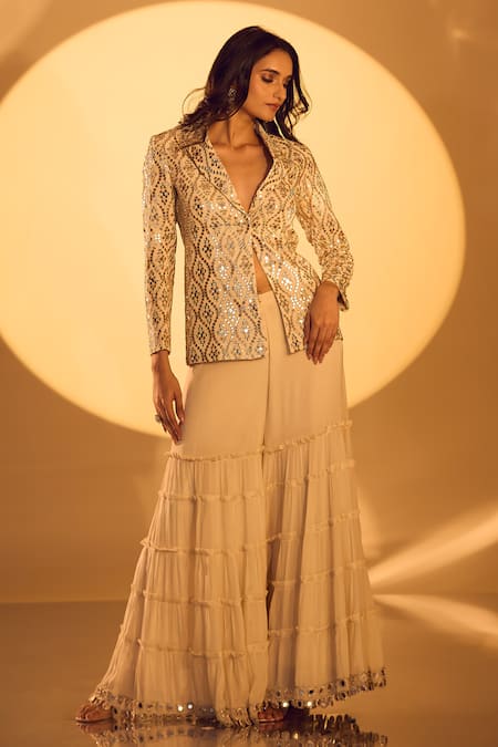 Gopi Vaid Mirror Embroidered Jacket & Sharara Set 