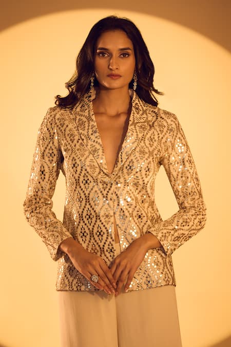 Shop_Gopi Vaid_White Kota Doria, Chiffon Mirrors, Zari V-neck Embroidered Jacket And Sharara Set _Online_at_Aza_Fashions