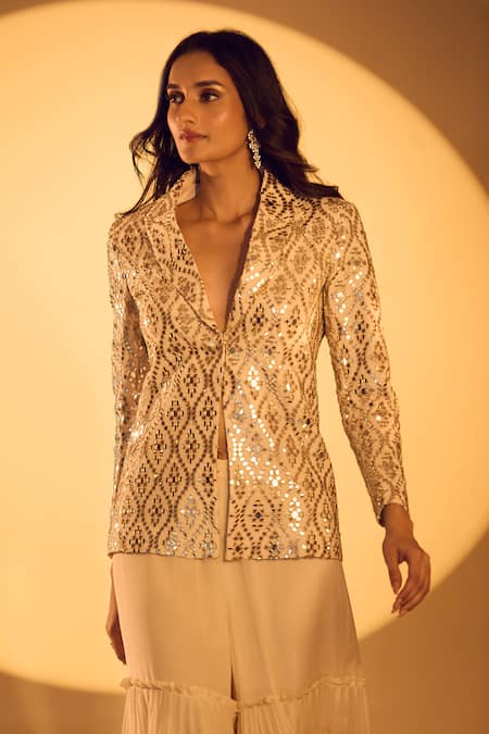 Gopi Vaid_White Kota Doria, Chiffon Mirrors, Zari V-neck Embroidered Jacket And Sharara Set _at_Aza_Fashions