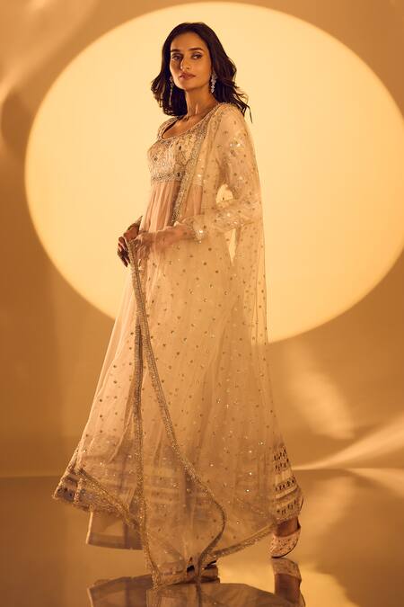 Shop_Gopi Vaid_White Organza, Tussar, Net Mirrors, Zari Embroidered Anarkali Set With Dupatta _Online_at_Aza_Fashions