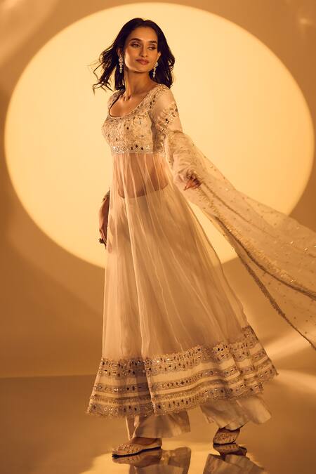 Gopi Vaid_White Organza, Tussar, Net Mirrors, Zari Embroidered Anarkali Set With Dupatta _at_Aza_Fashions