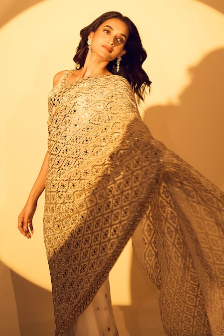 Buy Gopi Vaid White Tussar, Net Mirrors, Zari V-neck Work Embroidered Saree Set Buy_Gopi Vaid_White Tussar, Net Mirrors, Zari V-neck Work Embroidered Saree Set