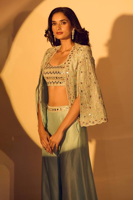 Gopi Vaid_Blue Tussar Mirrors, Zari Scoop , Open Embroidered Jacket And Pant Set _at_Aza_Fashions