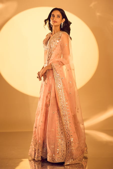 Buy Gopi Vaid Pink Tussar Mirrors, Zari V-neck Embroidered Lehenga Set Online at Aza Fashions Buy_Gopi Vaid_Pink Tussar Mirrors, Zari V-neck Embroidered Lehenga Set _Online_at_Aza_Fashions