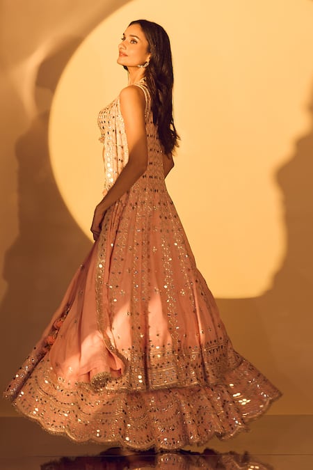 Shop_Gopi Vaid_Pink Tussar, Organza Mirrors, Zari V-neck Work Cape Lehenga Set _at_Aza_Fashions