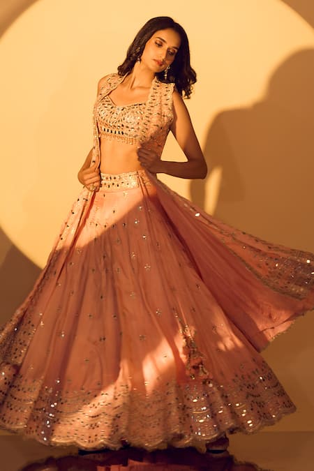 Shop_Gopi Vaid_Pink Tussar, Organza Mirrors, Zari V-neck Work Cape Lehenga Set _Online_at_Aza_Fashions
