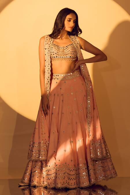 Gopi Vaid_Pink Tussar, Organza Mirrors, Zari V-neck Work Cape Lehenga Set _at_Aza_Fashions