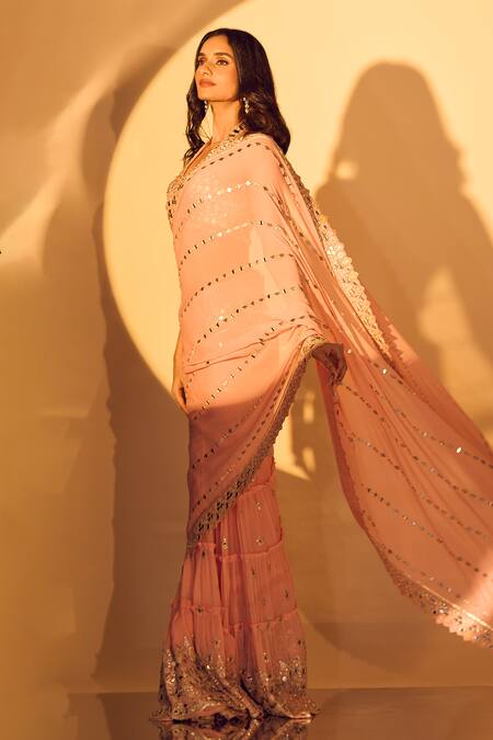 Shop_Gopi Vaid_Pink Tussar, Georgette Mirrors, Zari Halter Neck Embroidered Saree And Blouse 