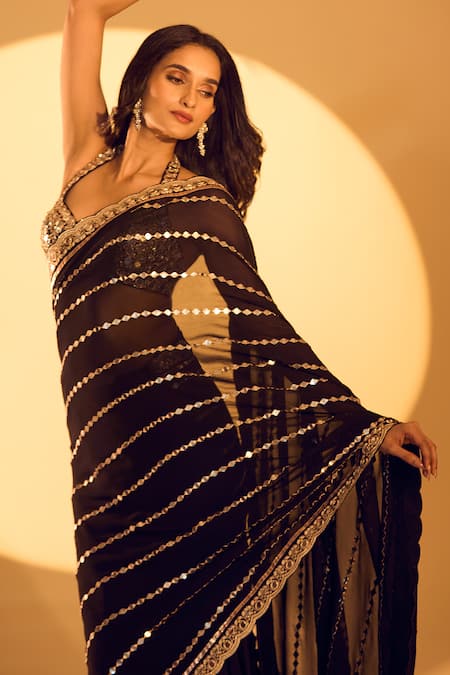 Gopi Vaid_Black Tussar, Georgette Mirrors, Zari Halter Neck Embroidered Saree With Blouse _at_Aza_Fashions