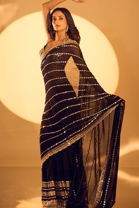 Buy_Gopi Vaid_Black Tussar, Georgette Mirrors, Zari Halter Neck Embroidered Saree With Blouse 