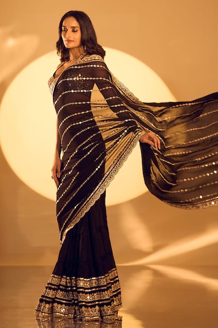Shop_Gopi Vaid_Black Tussar, Georgette Mirrors, Zari Halter Neck Embroidered Saree With Blouse 