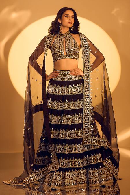 Gopi Vaid_Black Tussar, Organza Mirrors, Zari, Sequins, Embroidery Halter Neck Lehenga Set _Online_at_Aza_Fashions