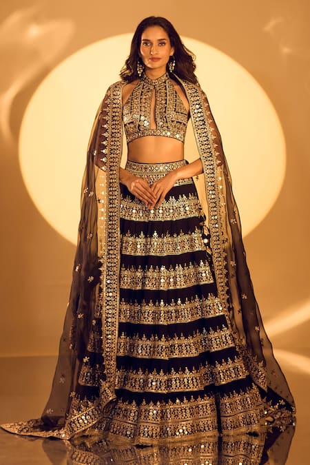 Buy_Gopi Vaid_Black Tussar, Organza Mirrors, Zari, Sequins, Embroidery Halter Neck Lehenga Set _Online_at_Aza_Fashions