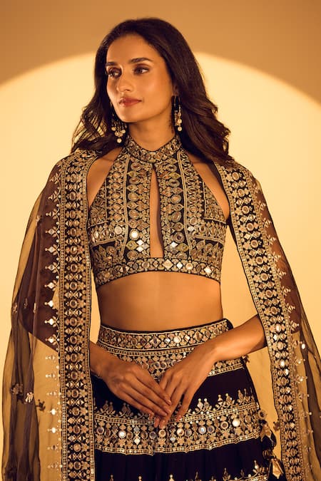 Shop_Gopi Vaid_Black Tussar, Organza Mirrors, Zari, Sequins, Embroidery Halter Neck Lehenga Set _Online_at_Aza_Fashions