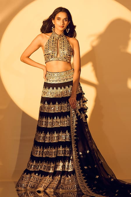 Shop_Gopi Vaid_Black Tussar, Organza Mirrors, Zari, Sequins, Embroidery Halter Neck Lehenga Set 