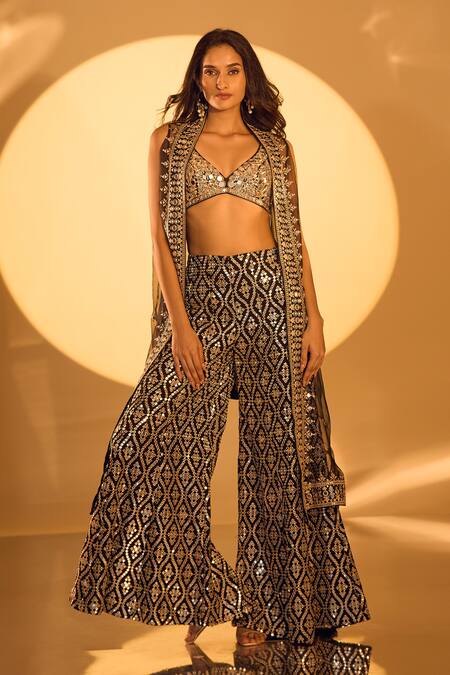 Gopi Vaid_Black Tussar Mirrors, Zari V-neck Embroidered Cape And Flared Pant Set _Online_at_Aza_Fashions