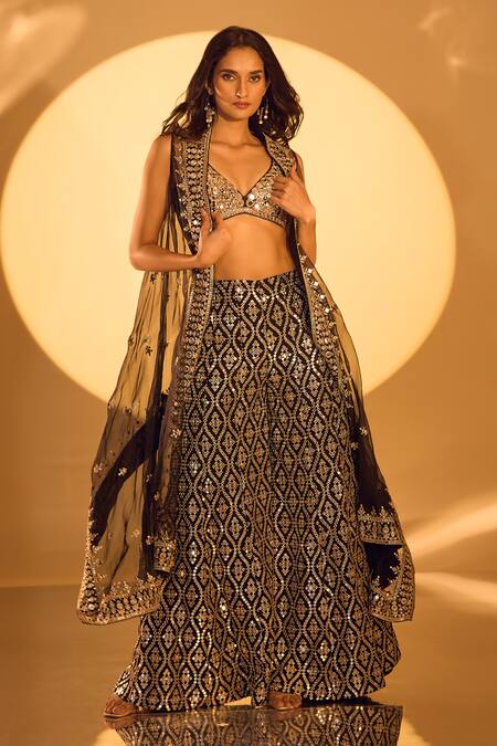 Buy_Gopi Vaid_Black Tussar Mirrors, Zari V-neck Embroidered Cape And Flared Pant Set _Online_at_Aza_Fashions