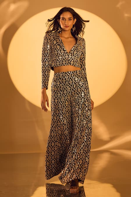 Gopi Vaid Mirror Embroidered Blazer & Flared Pant Set 