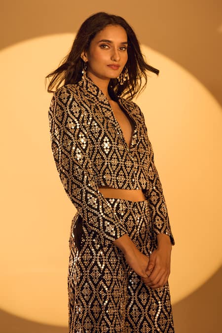 Gopi Vaid_Black Tussar Mirrors, Zari Embroidered Blazer And Flared Pant Set _Online_at_Aza_Fashions