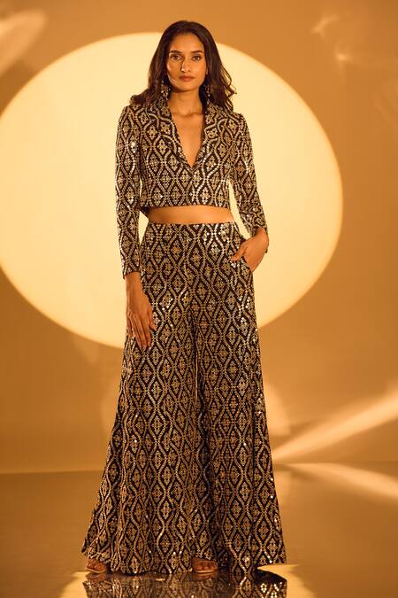 Buy_Gopi Vaid_Black Tussar Mirrors, Zari Embroidered Blazer And Flared Pant Set 