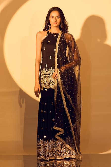 Shop_Gopi Vaid_Black Tussar, Net Mirrors, Zari Boat Neck Thread Embroidered Kurta Sharara Set _at_Aza_Fashions