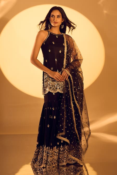 Gopi Vaid_Black Tussar, Net Mirrors, Zari Boat Neck Thread Embroidered Kurta Sharara Set _Online_at_Aza_Fashions