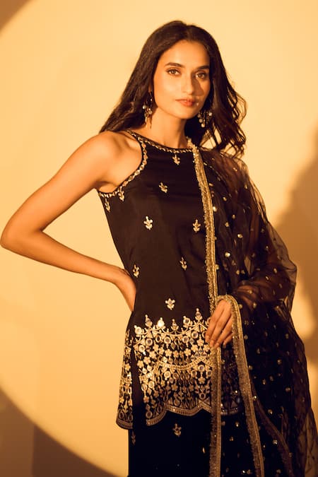 Buy_Gopi Vaid_Black Tussar, Net Mirrors, Zari Boat Neck Thread Embroidered Kurta Sharara Set 
