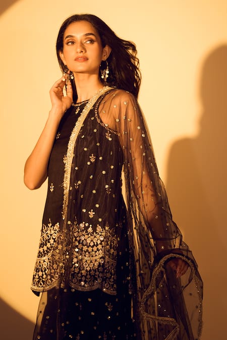 Shop_Gopi Vaid_Black Tussar, Net Mirrors, Zari Boat Neck Thread Embroidered Kurta Sharara Set 