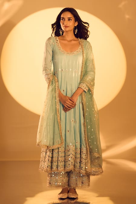 Buy Gopi Vaid Blue Tussar, Net Mirrors, Zari, Embroidery Anarkali Set Online at Aza Fashions Buy_Gopi Vaid_Blue Tussar, Net Mirrors, Zari, Embroidery Anarkali Set _Online_at_Aza_Fashions