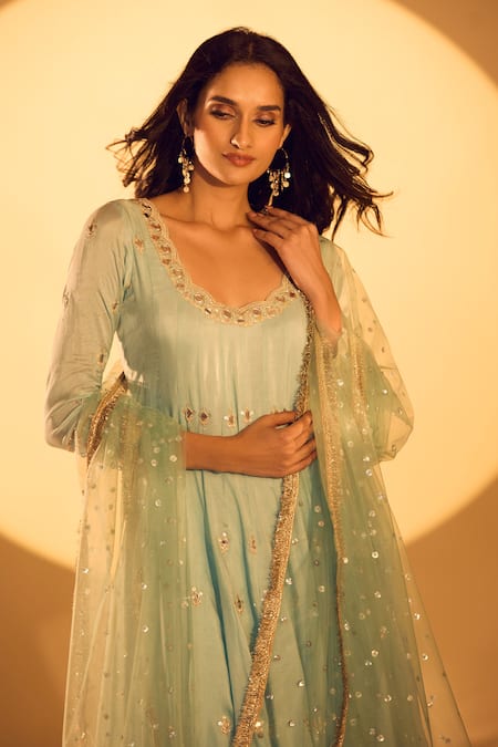Shop Gopi Vaid Blue Tussar, Net Mirrors, Zari, Embroidery Anarkali Set Online at Aza Fashions Shop_Gopi Vaid_Blue Tussar, Net Mirrors, Zari, Embroidery Anarkali Set _Online_at_Aza_Fashions