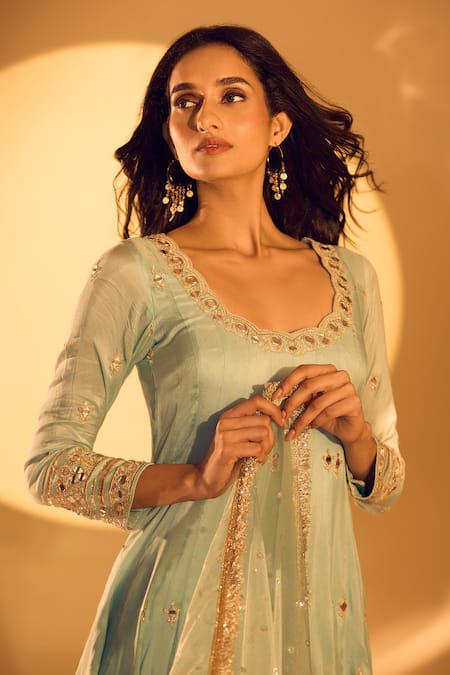 Buy Gopi Vaid Blue Tussar, Net Mirrors, Zari, Embroidery Anarkali Set Buy_Gopi Vaid_Blue Tussar, Net Mirrors, Zari, Embroidery Anarkali Set