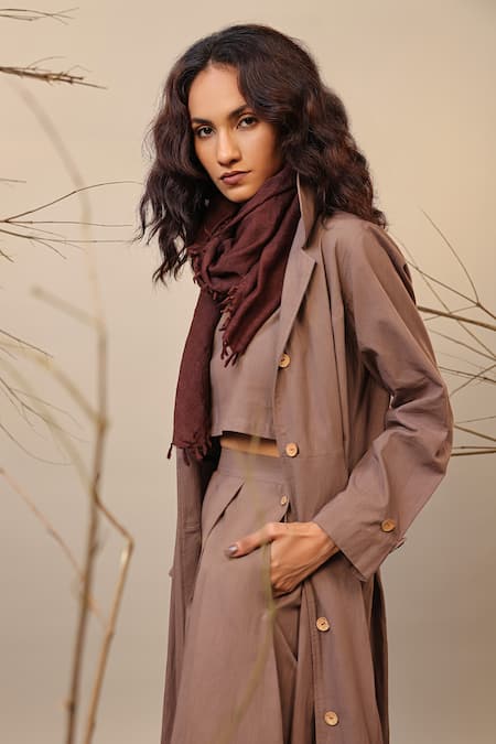 Shop MATI_1 Beige Cotton Collared Full Length Trench Jacket at Aza Fashions Shop_MATI_1_Beige Cotton Collared Full Length Trench Jacket _at_Aza_Fashions