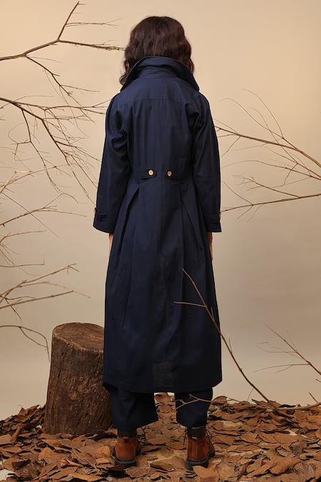 Shop MATI_1 Blue Cotton Collared Long Trench Jacket at Aza Fashions Shop_MATI_1_Blue Cotton Collared Long Trench Jacket _at_Aza_Fashions