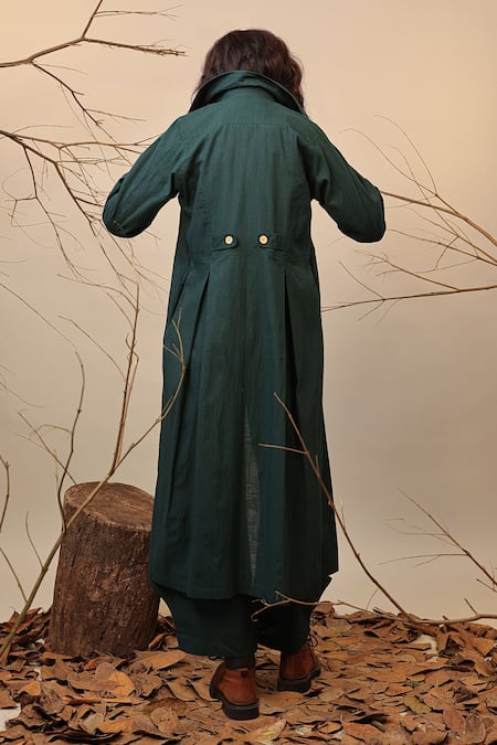Shop MATI_1 Green Cotton Peter Pan Collared Trench Jacket at Aza Fashions Shop_MATI_1_Green Cotton Peter Pan Collared Trench Jacket _at_Aza_Fashions
