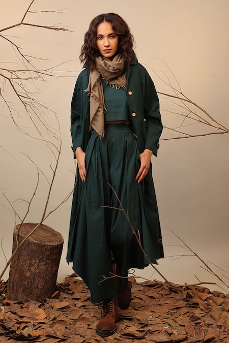 Shop MATI_1 Green Cotton Peter Pan Collared Trench Jacket Online at Aza Fashions Shop_MATI_1_Green Cotton Peter Pan Collared Trench Jacket _Online_at_Aza_Fashions