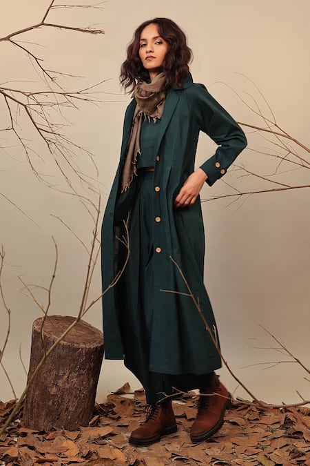 Buy MATI_1 Green Cotton Peter Pan Collared Trench Jacket Buy_MATI_1_Green Cotton Peter Pan Collared Trench Jacket