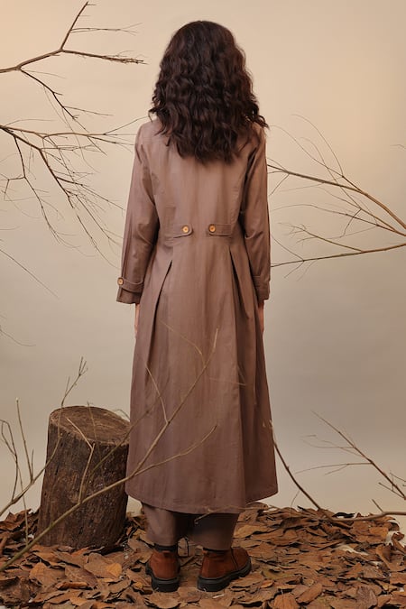 Shop MATI_1 Beige Cotton Round Neck Solid Trench Jacket Set at Aza Fashions Shop_MATI_1_Beige Cotton Round Neck Solid Trench Jacket Set _at_Aza_Fashions