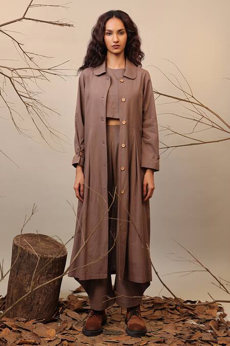 Buy MATI_1 Beige Cotton Round Neck Solid Trench Jacket Set Online at Aza Fashions Buy_MATI_1_Beige Cotton Round Neck Solid Trench Jacket Set _Online_at_Aza_Fashions