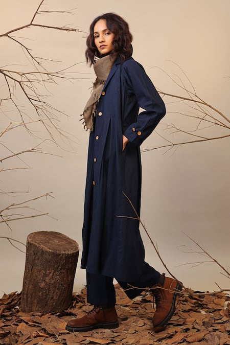 MATI_1 Blue Cotton Collared, Crew Neck Trench Jacket And Cowl Pant Set Online at Aza Fashions MATI_1_Blue Cotton Collared, Crew Neck Trench Jacket And Cowl Pant Set _Online_at_Aza_Fashions