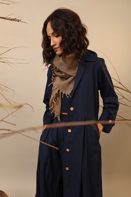 Buy MATI_1 Blue Cotton Collared, Crew Neck Trench Jacket And Cowl Pant Set Online at Aza Fashions Buy_MATI_1_Blue Cotton Collared, Crew Neck Trench Jacket And Cowl Pant Set _Online_at_Aza_Fashions
