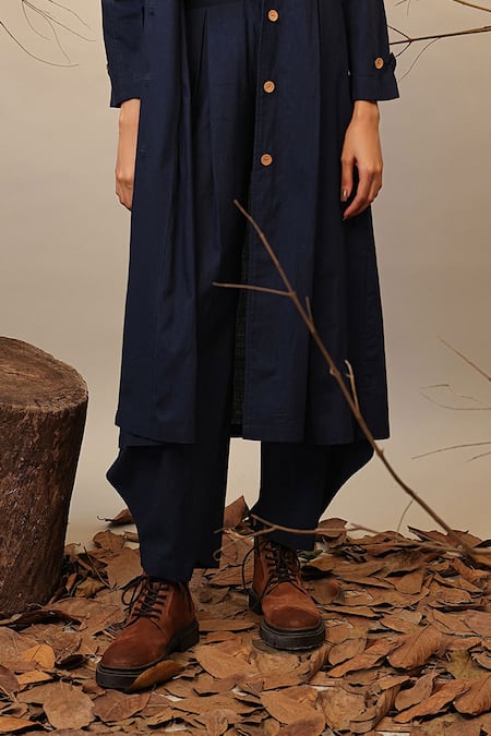 Shop MATI_1 Blue Cotton Collared, Crew Neck Trench Jacket And Cowl Pant Set Online at Aza Fashions Shop_MATI_1_Blue Cotton Collared, Crew Neck Trench Jacket And Cowl Pant Set _Online_at_Aza_Fashions